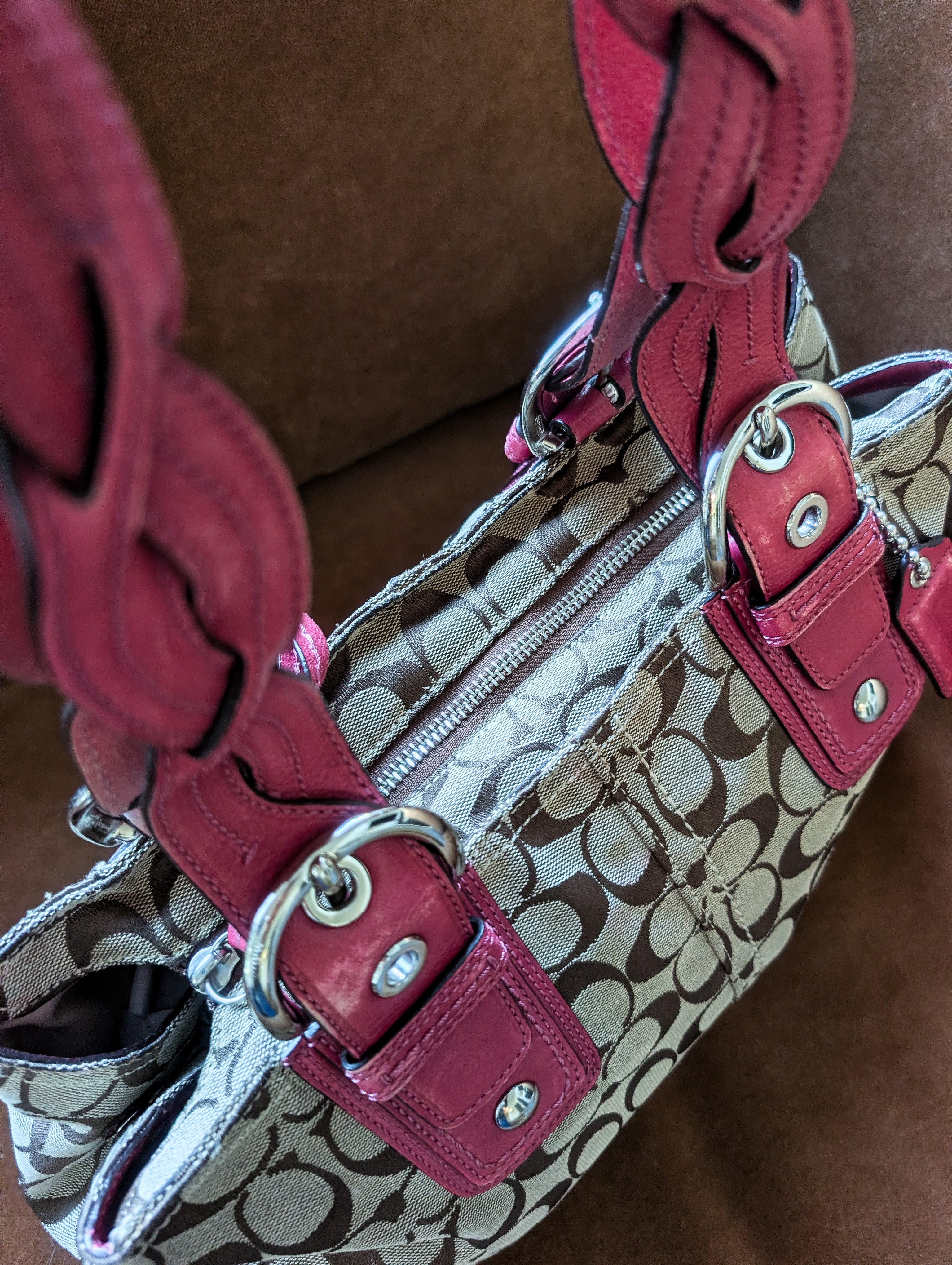 Coach Signature tote handbag with pink braided handles