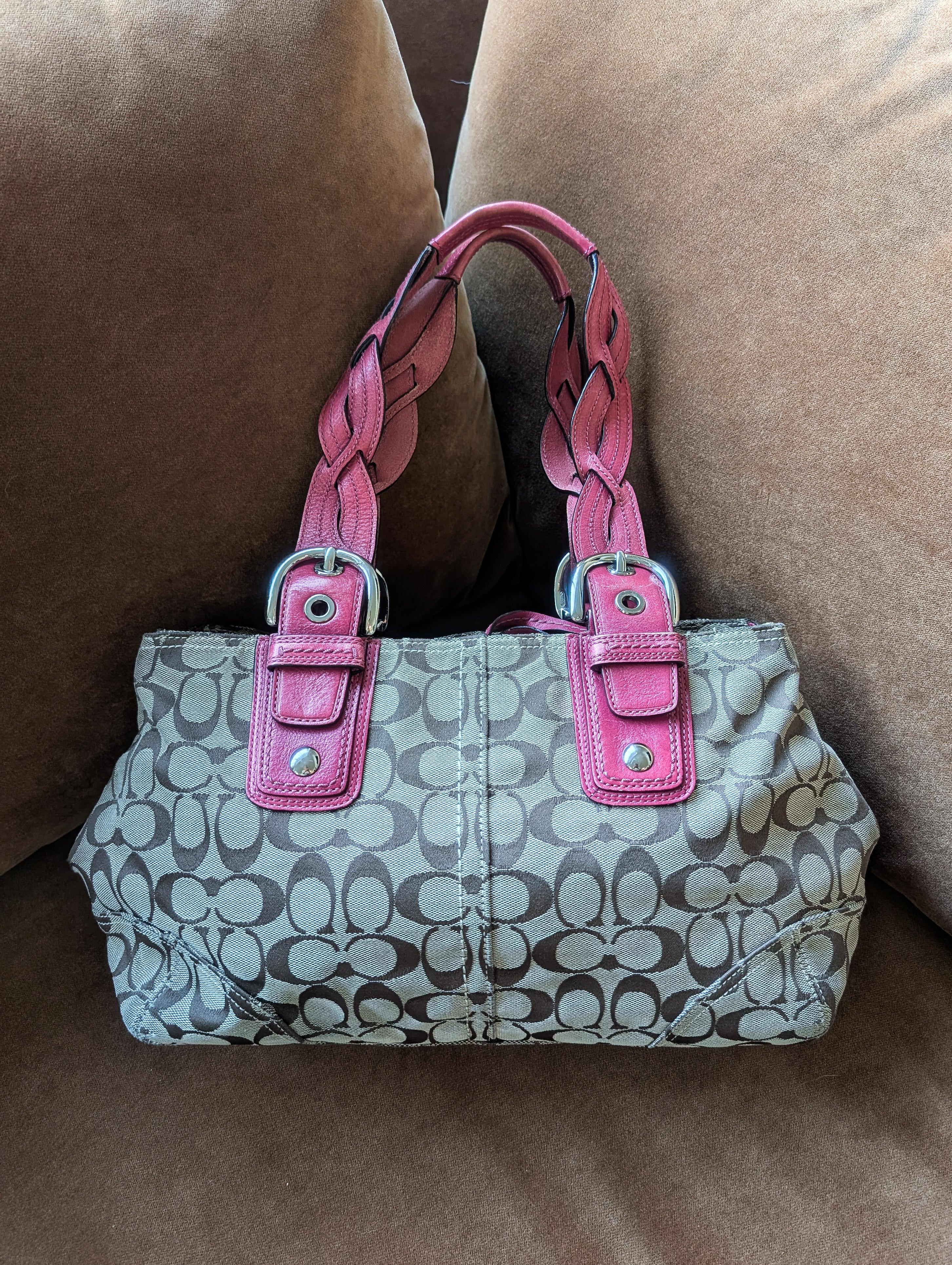 Coach Signature tote handbag with pink braided handles
