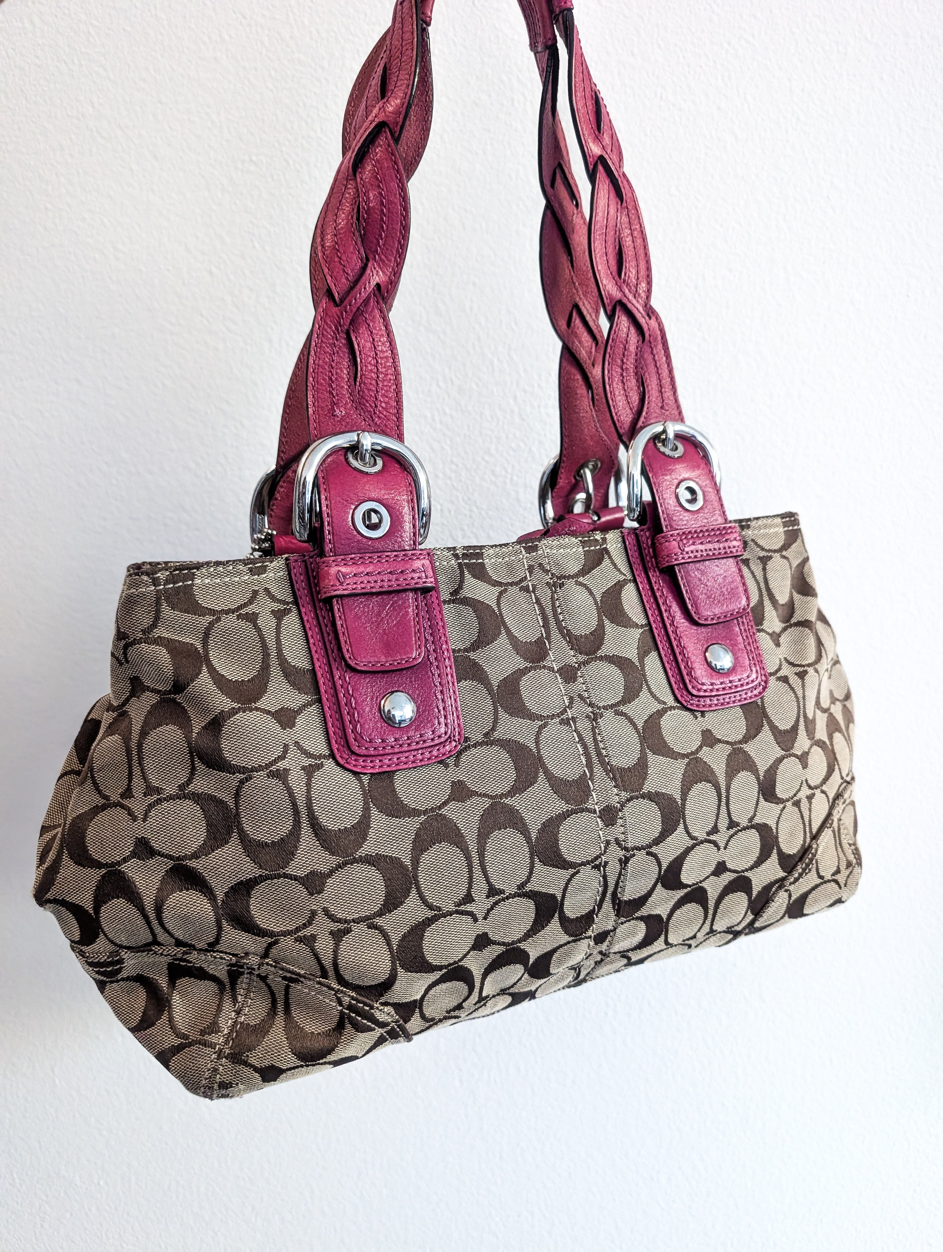 Coach Signature tote handbag with pink braided handles