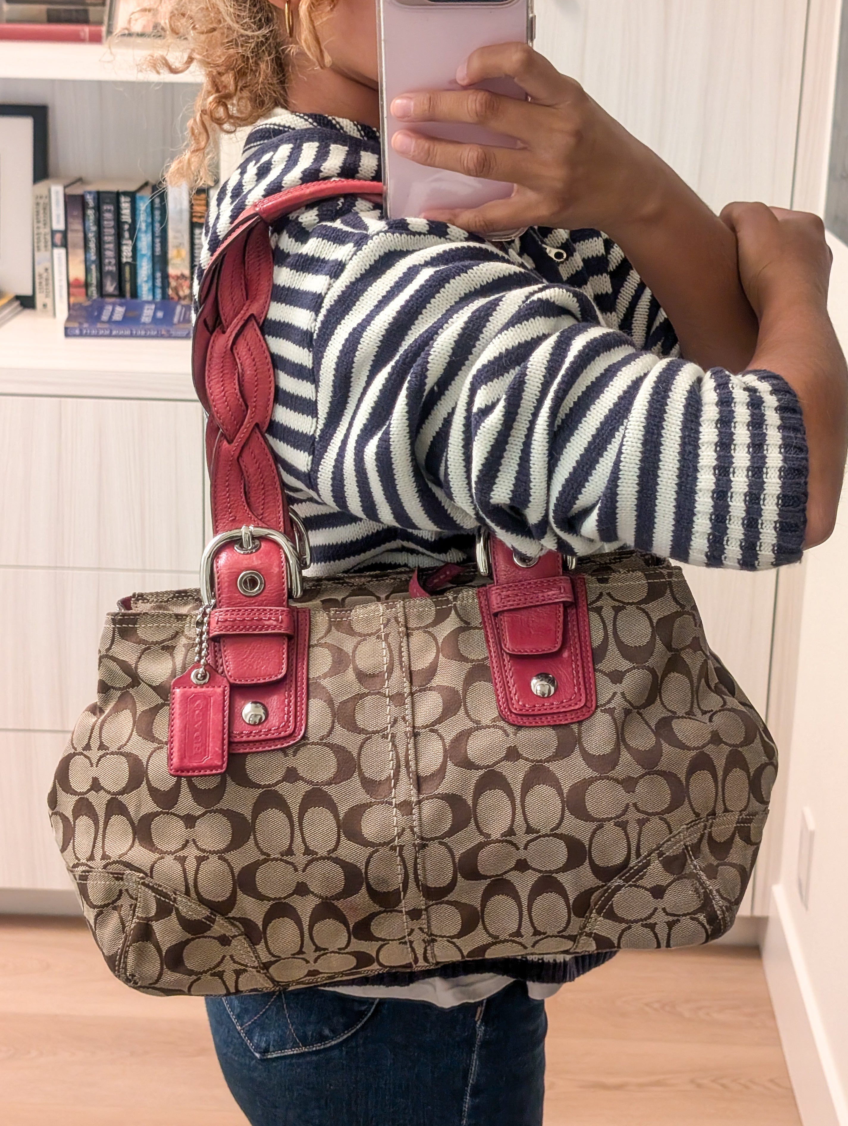 Coach Signature tote handbag with pink braided handles
