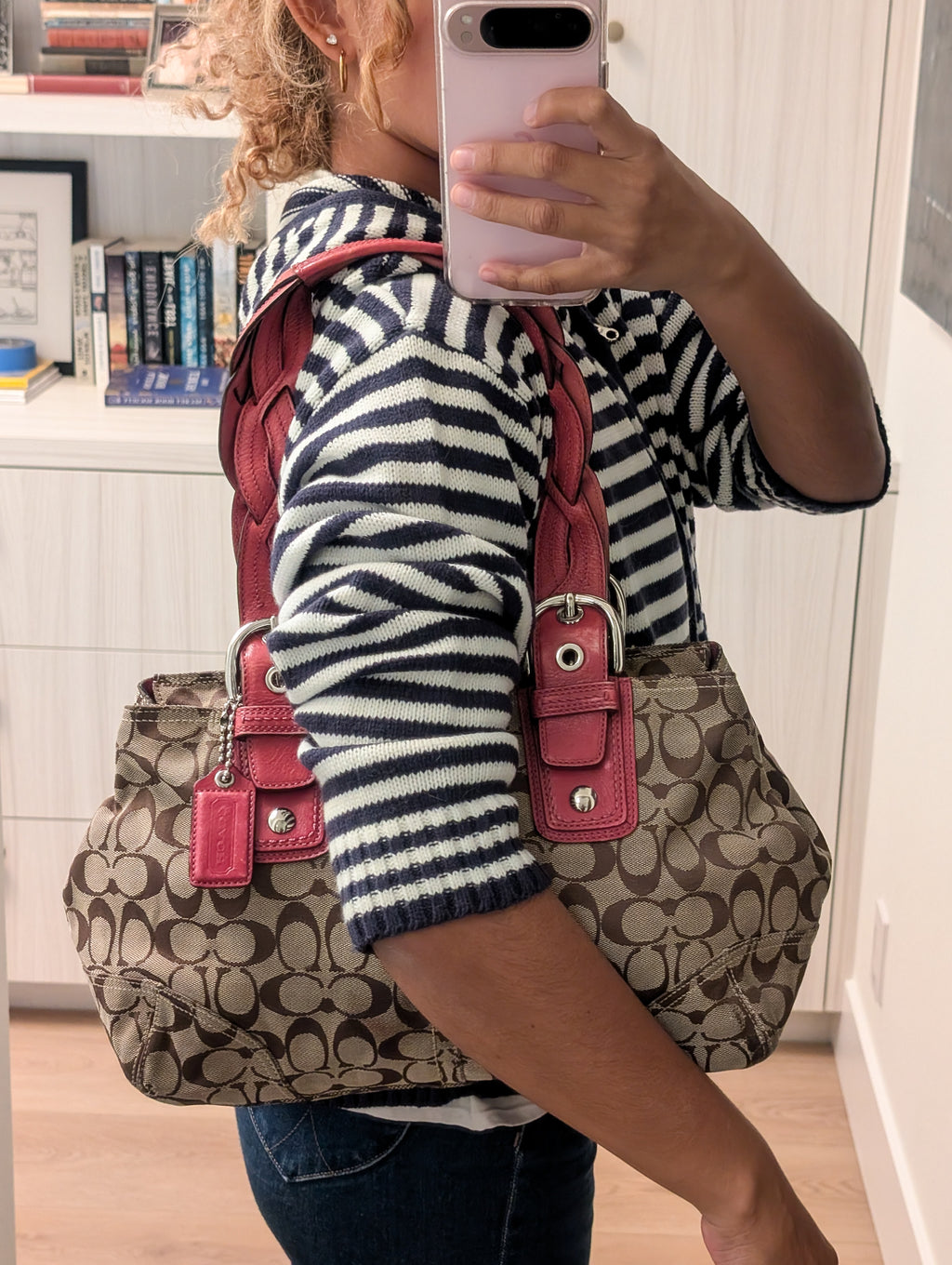 Coach Signature tote handbag with pink braided handles