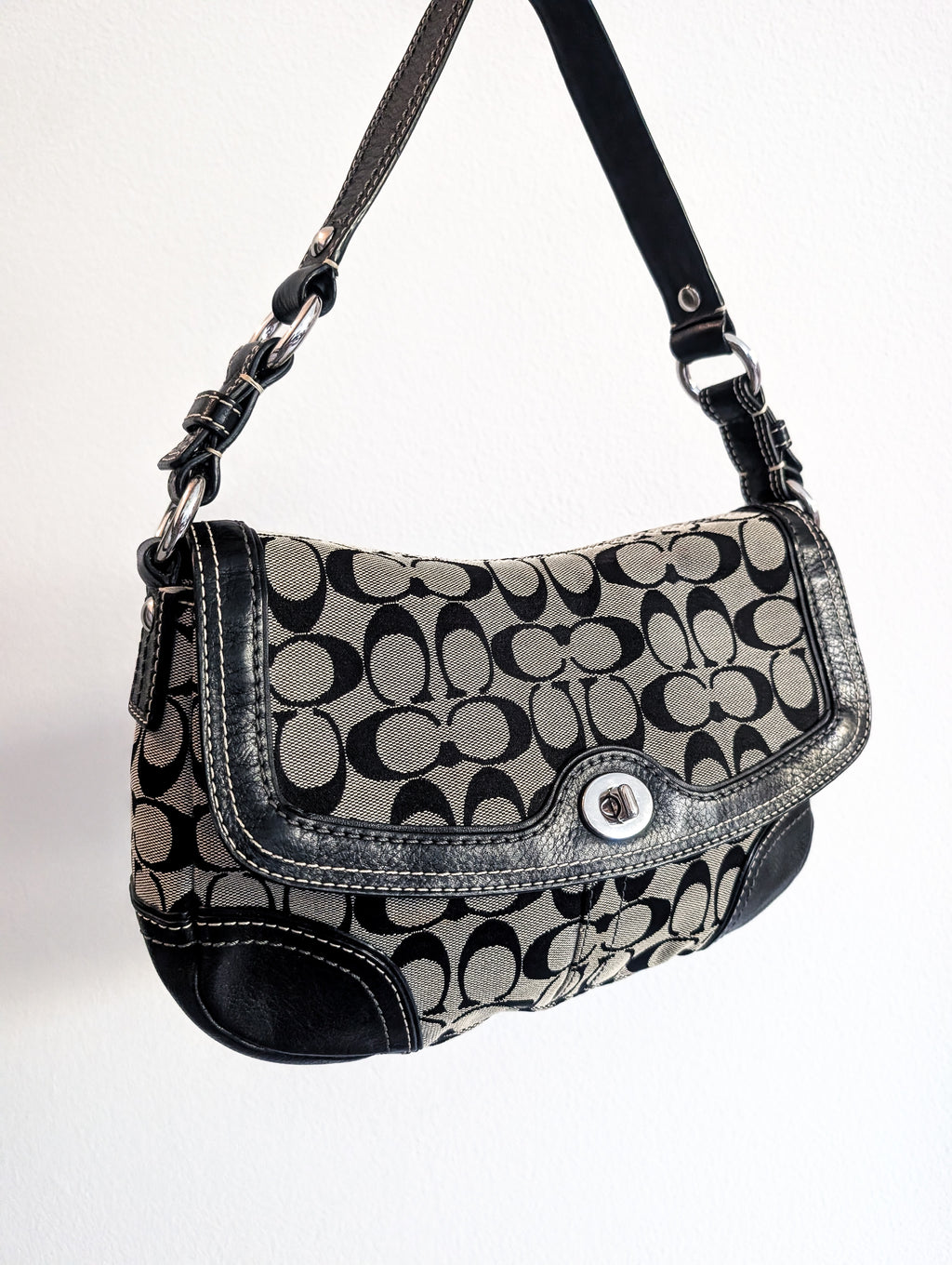 Vintage Coach Signature Soho Flap Bag in Black & Silver