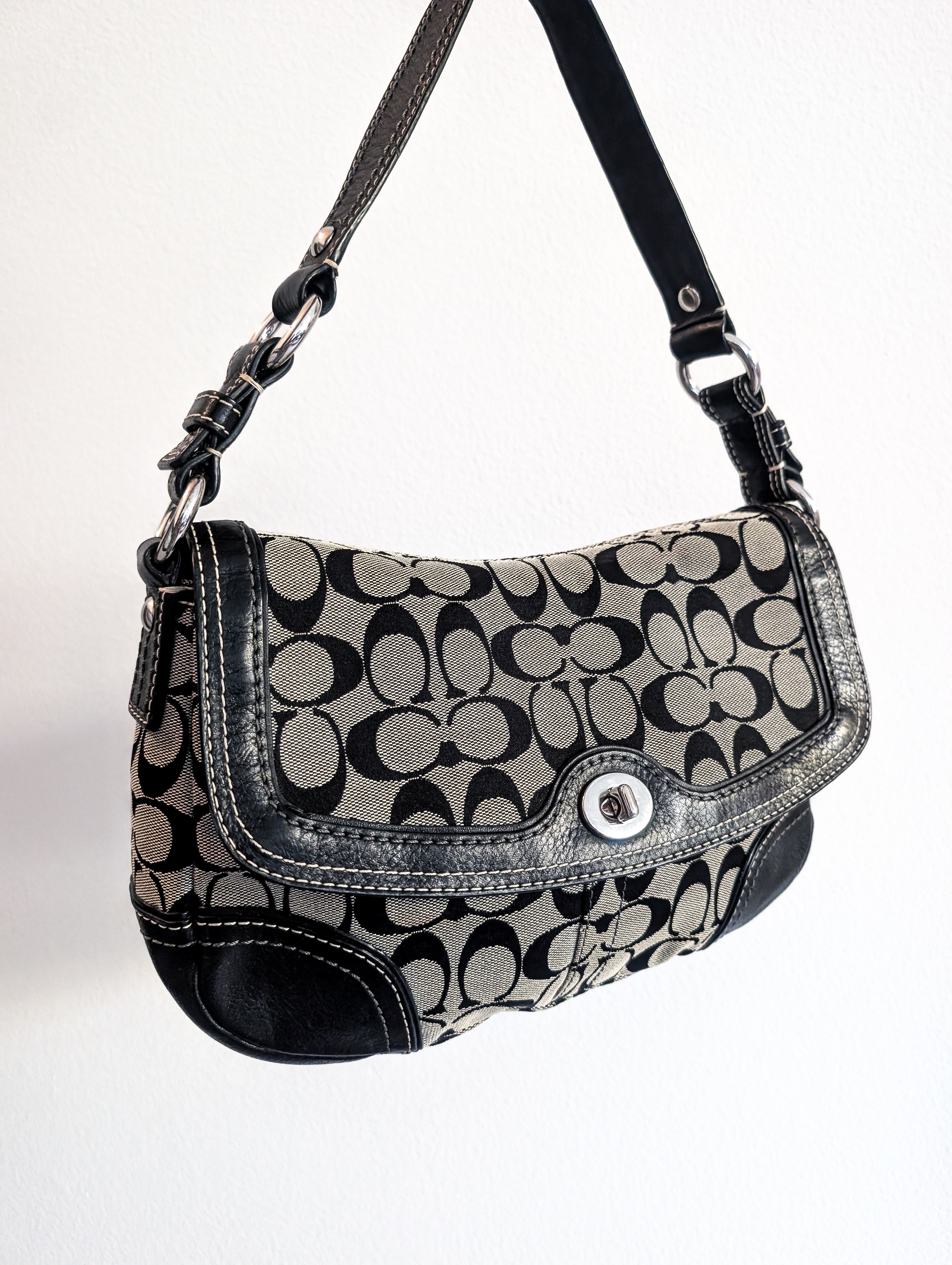 Vintage Coach Signature Soho Flap Bag in Black & Silver
