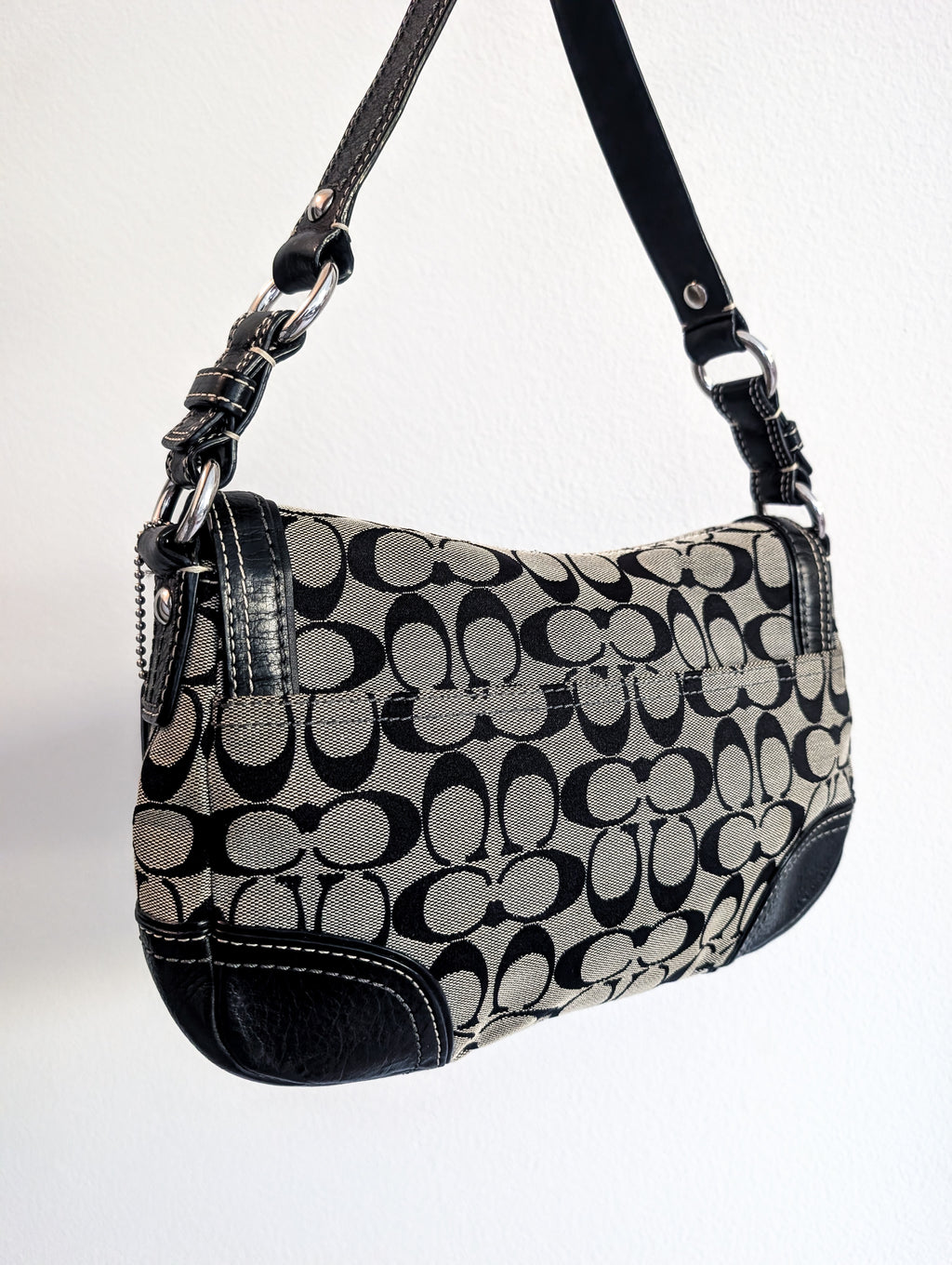 Vintage Coach Signature Soho Flap Bag in Black & Silver