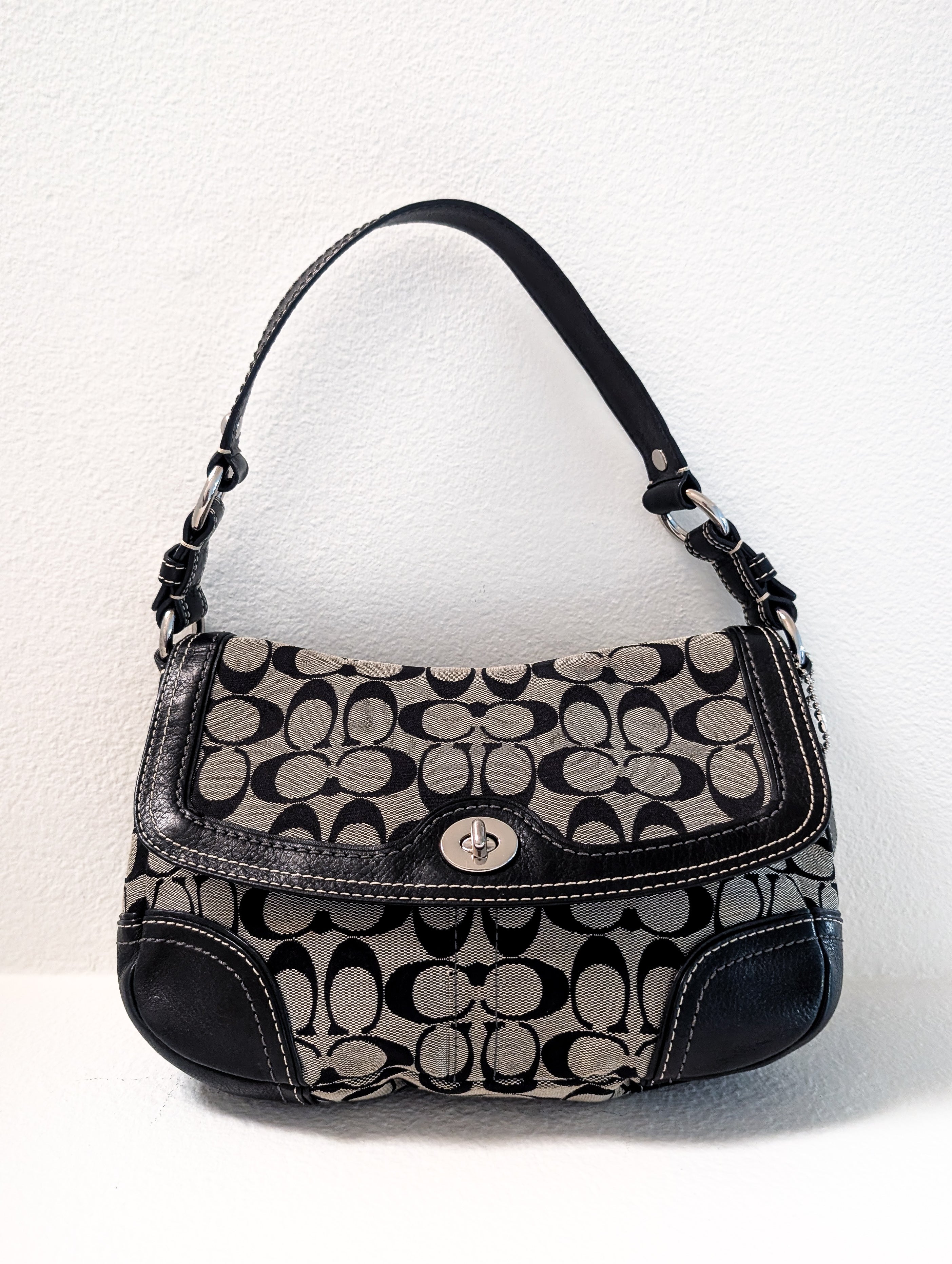 Vintage Coach Signature Soho Flap Bag in Black & Silver