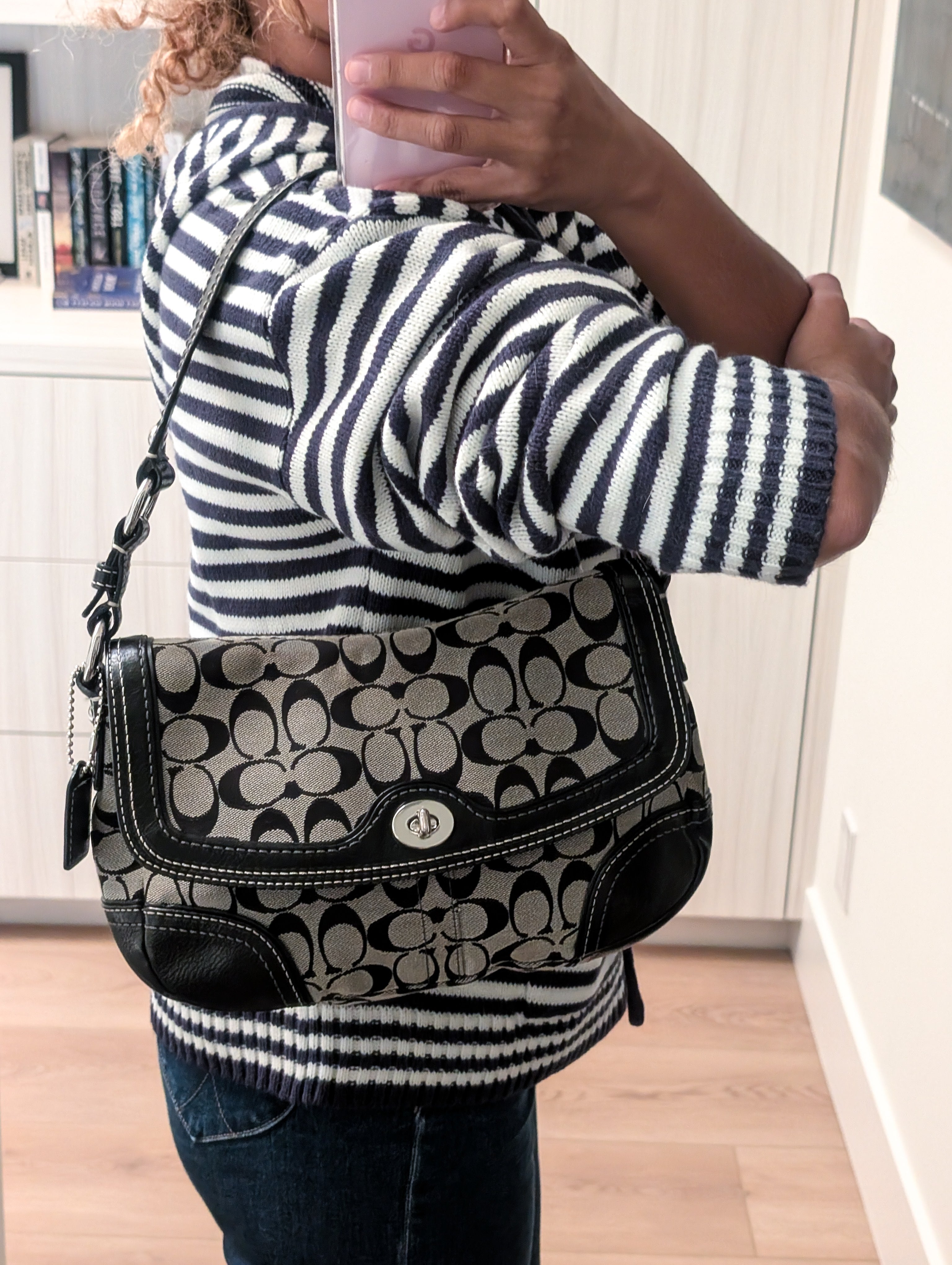 Vintage Coach Signature Soho Flap Bag in Black & Silver