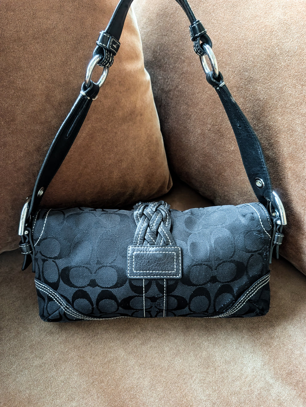 Vintage Coach Soho Mini Signature Demi Flap Bag in Black & Silver