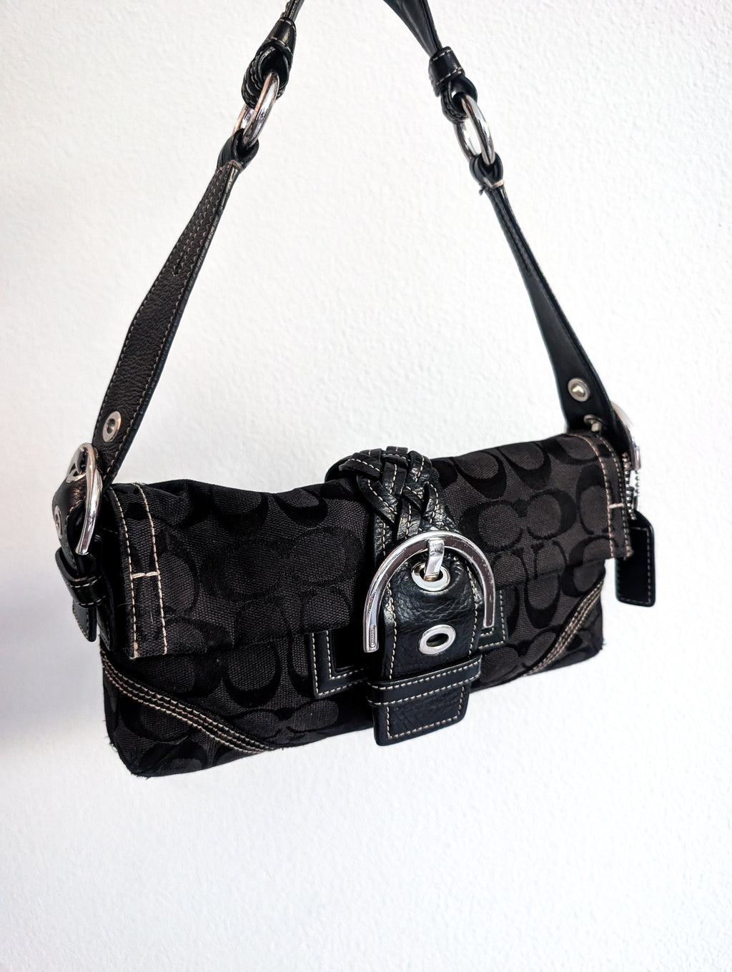 Vintage Coach Soho Mini Signature Demi Flap Bag in Black & Silver