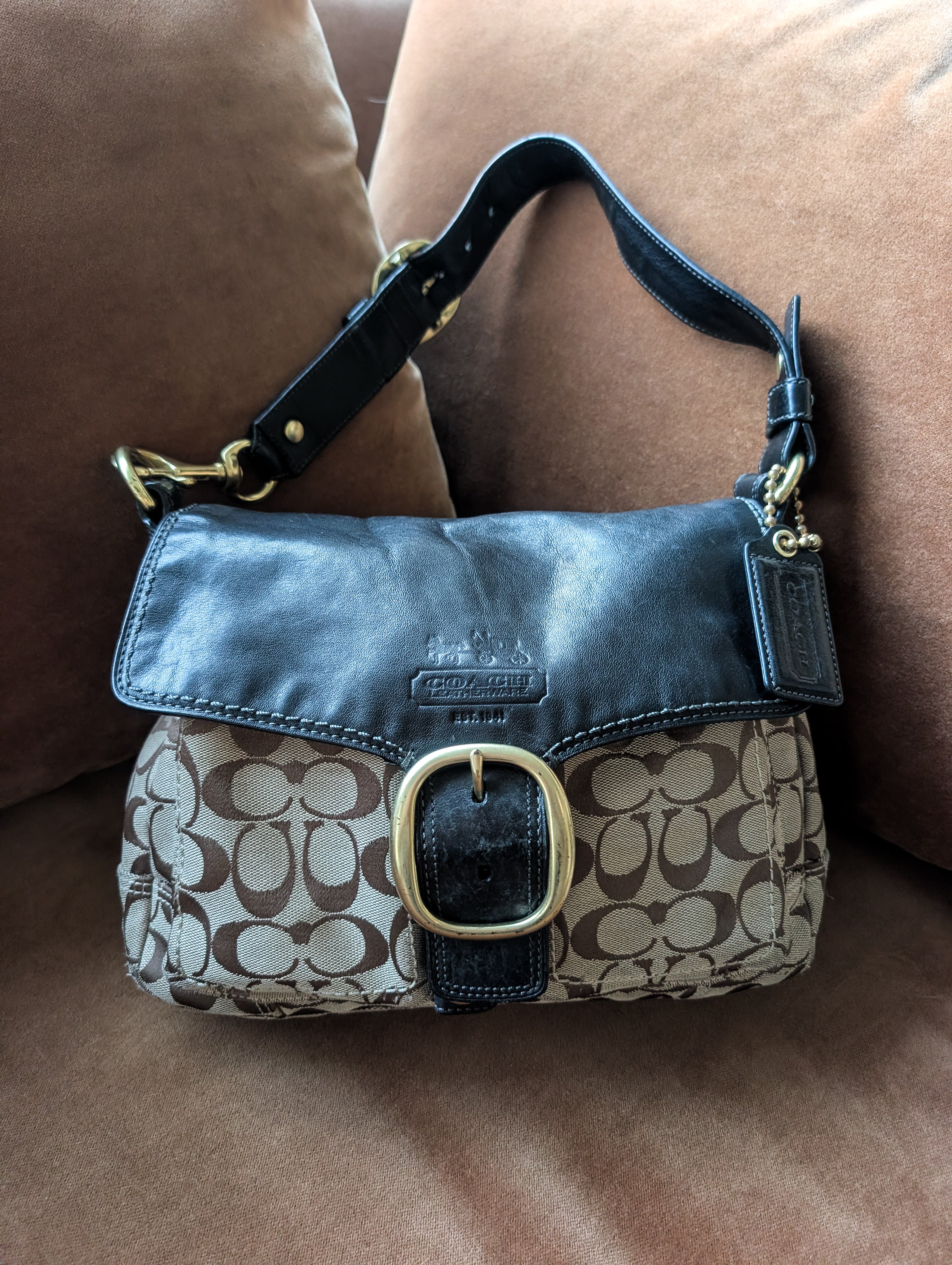 Vintage Coach Bleecker Legacy Signature Soho Shoulder Bag in Brown, Black & Gold