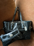 Vintage Coach black patent leather tote handbag with matching black wallet/clutch