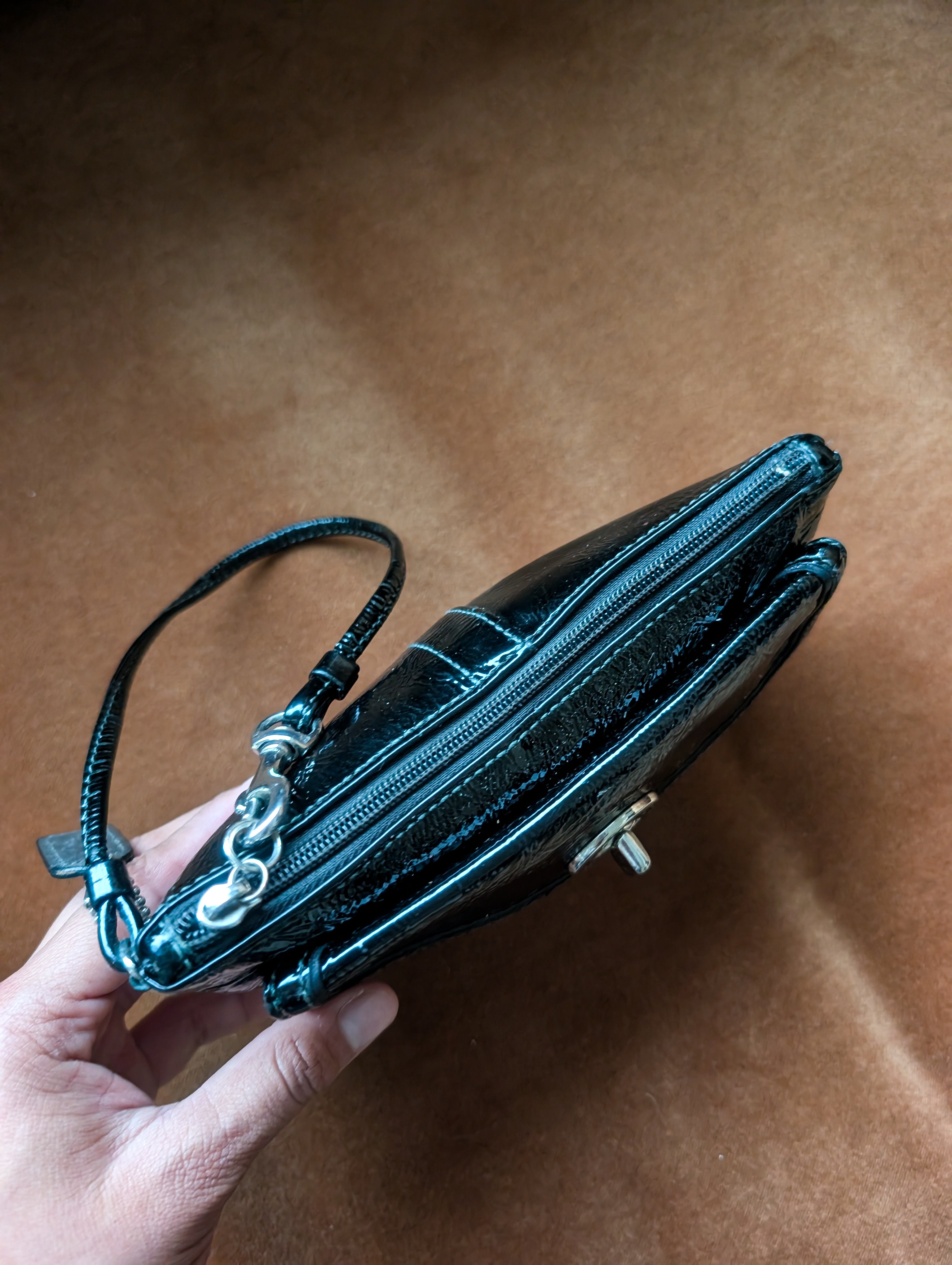 Vintage Coach black patent leather tote handbag with matching black wallet/clutch