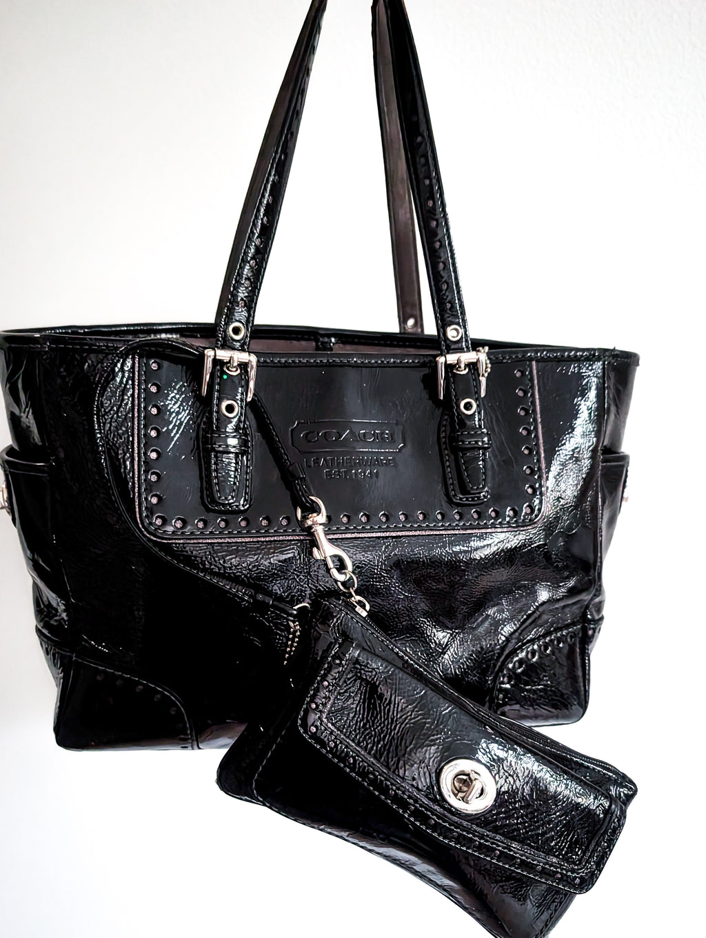 Vintage Coach black patent leather tote handbag with matching black wallet/clutch