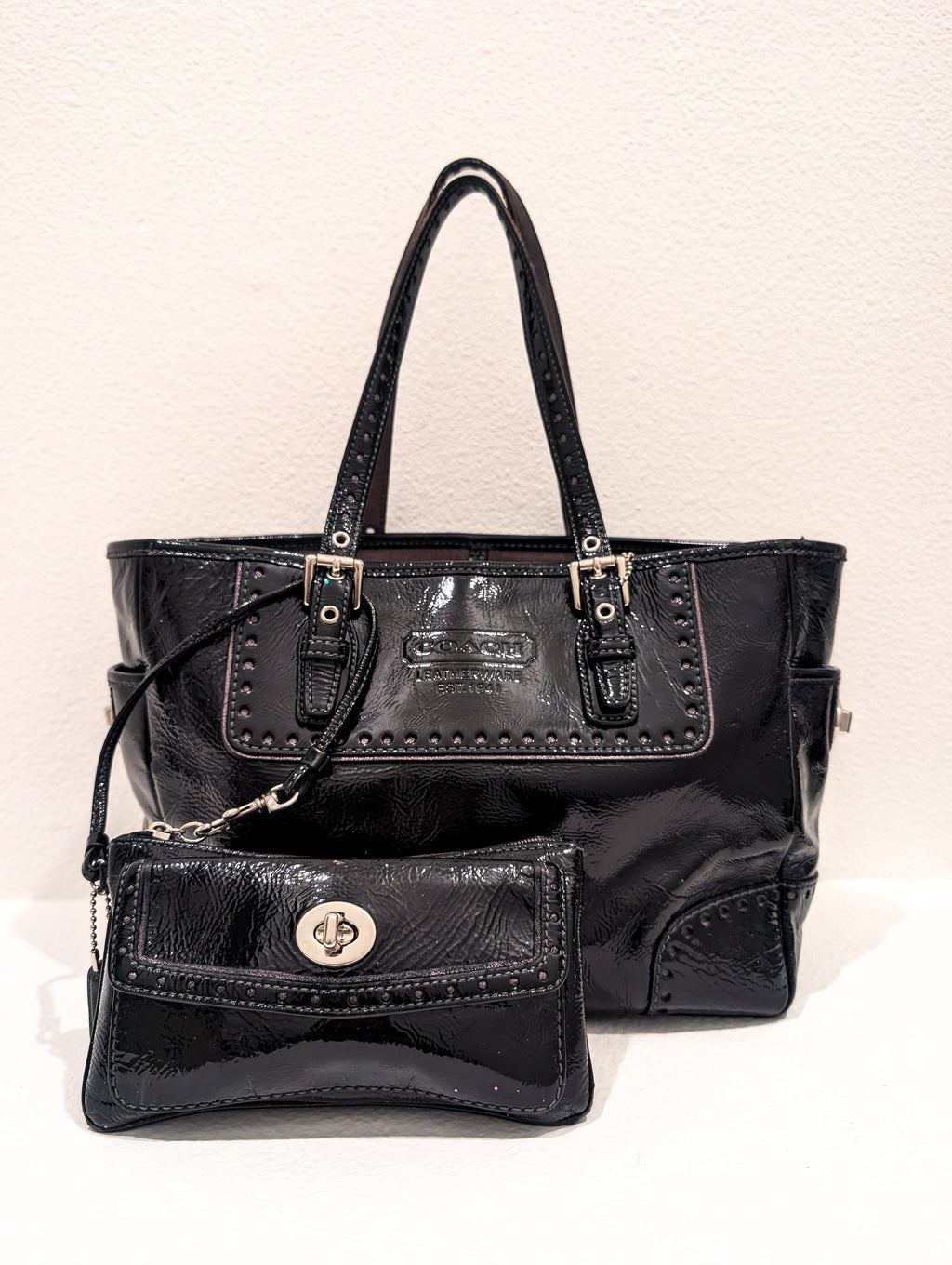 Vintage Coach black patent leather tote handbag with matching black wallet/clutch
