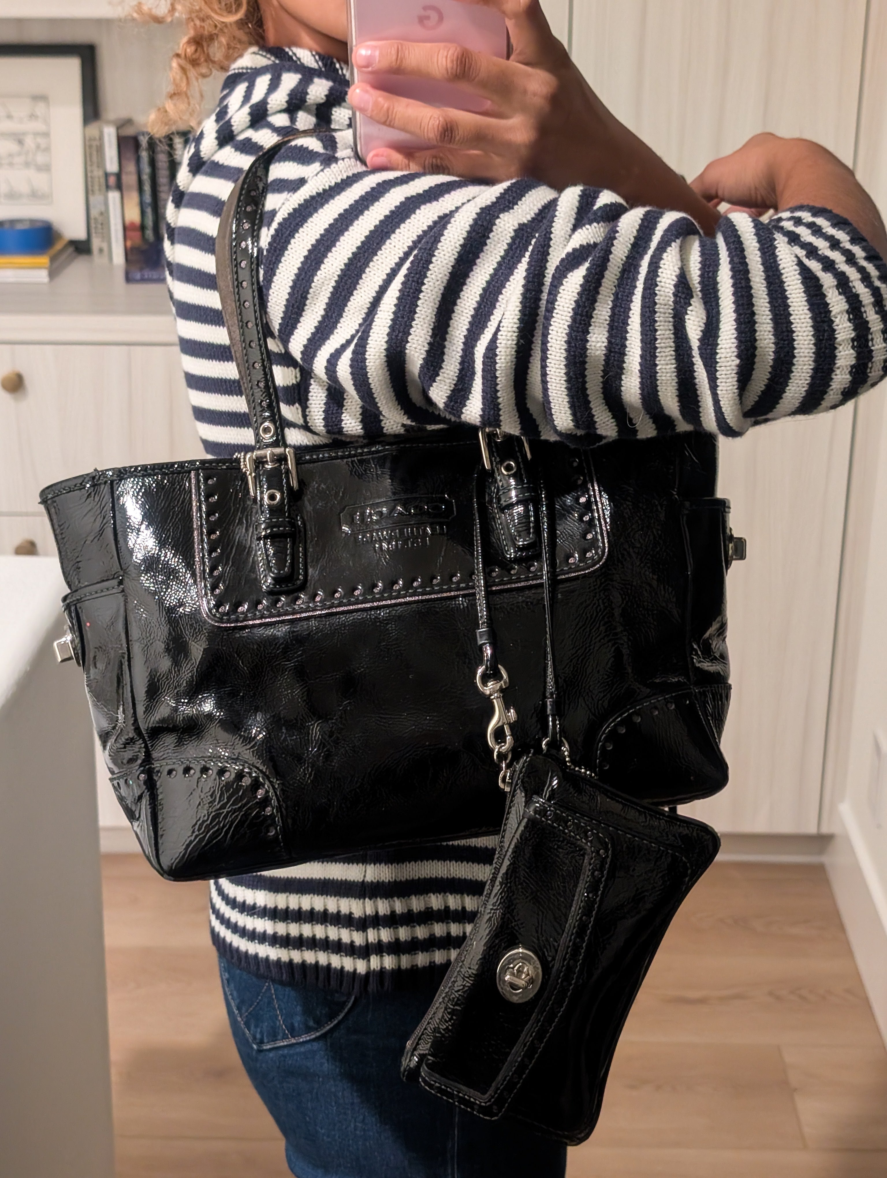 Vintage Coach black patent leather tote handbag with matching black wallet/clutch