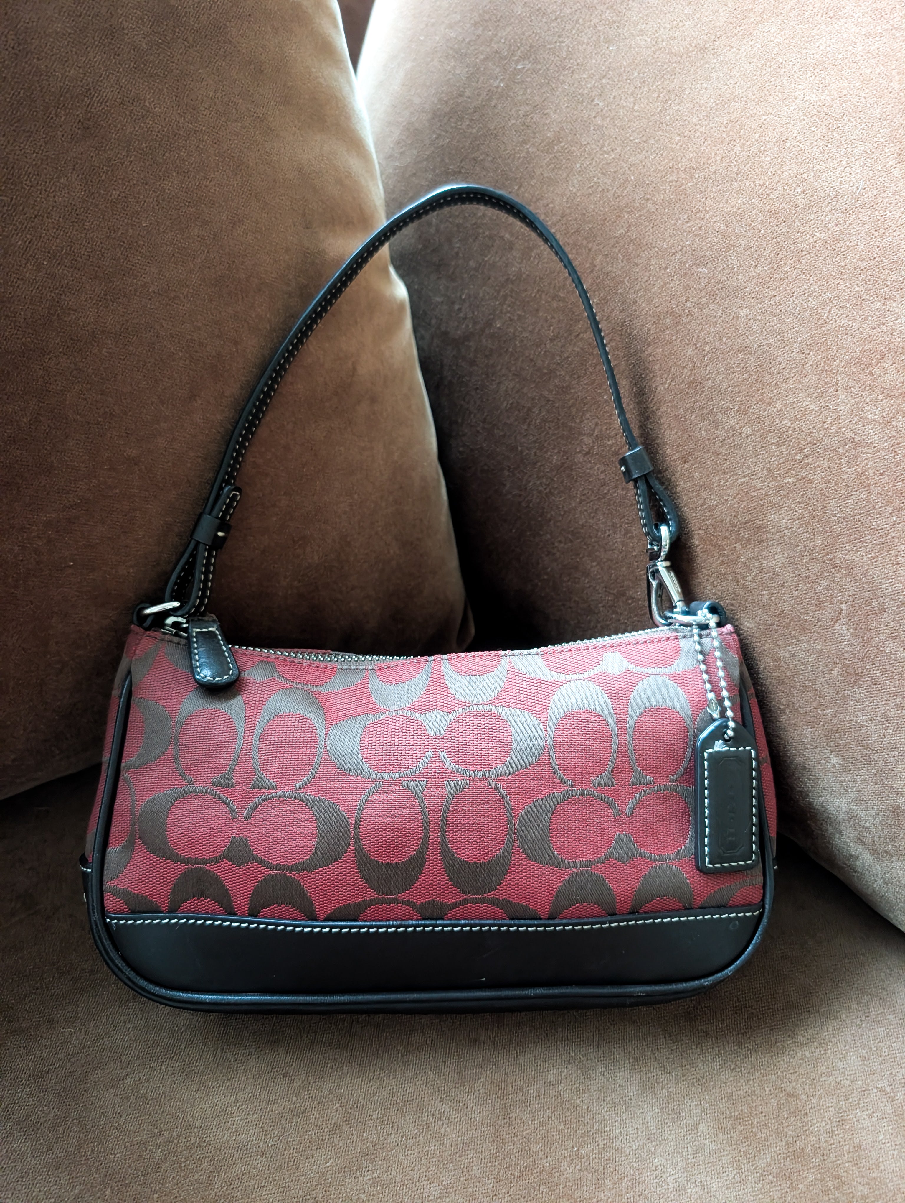 Vintage Coach Signature Demi Mini Pouch Bag in Red & Chocolate Brown