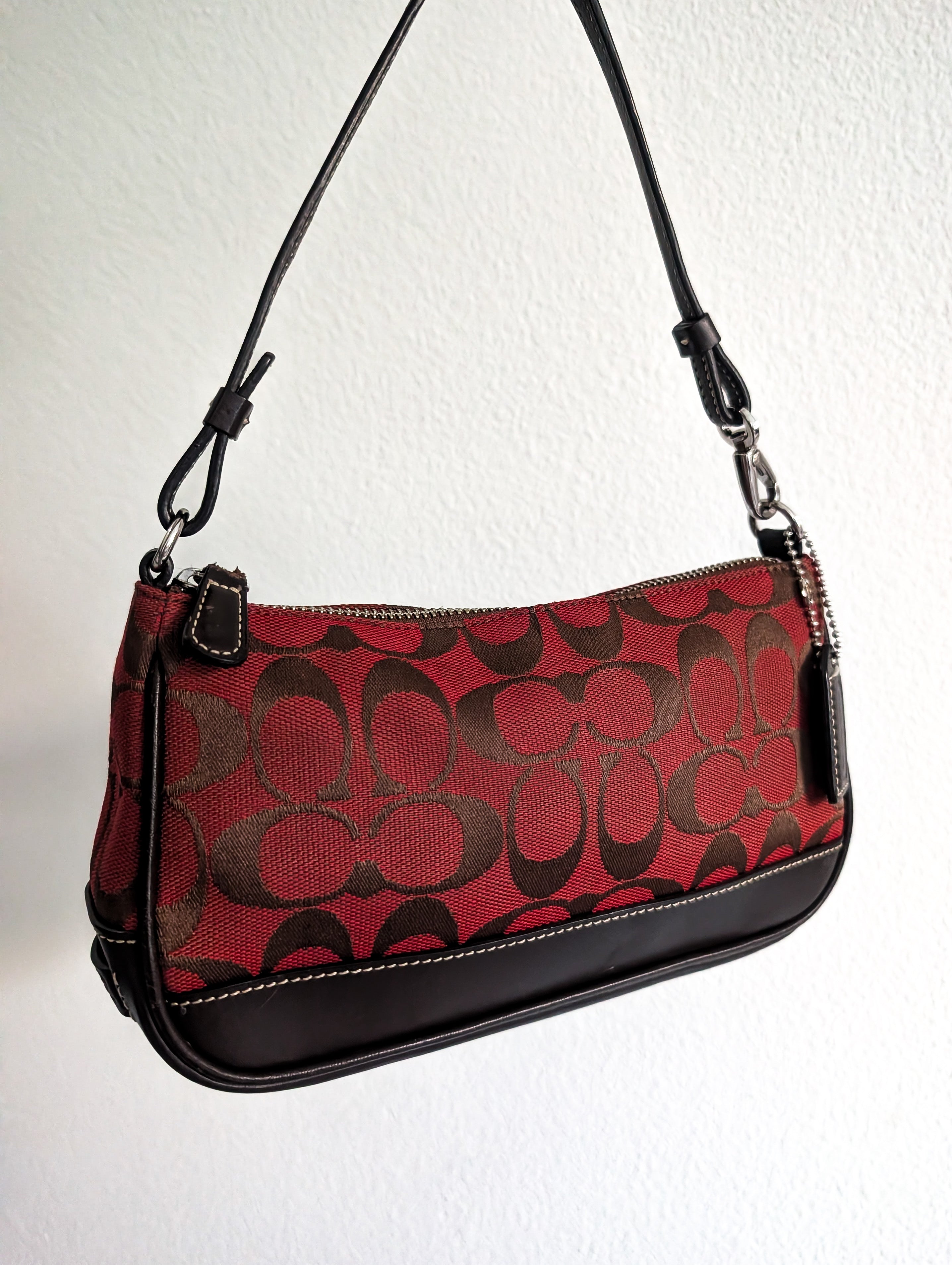 Vintage Coach Signature Demi Mini Pouch Bag in Red & Chocolate Brown