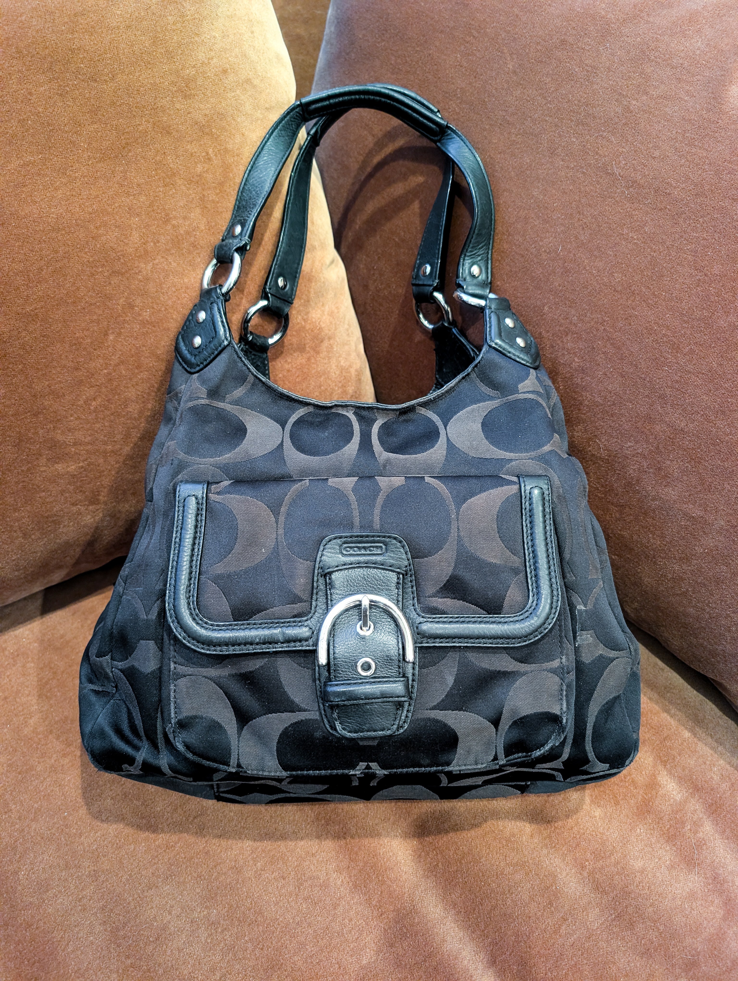 Vintage Coach Signature Sateen Campbell Hobo Bag in Black & Chocolate Brown