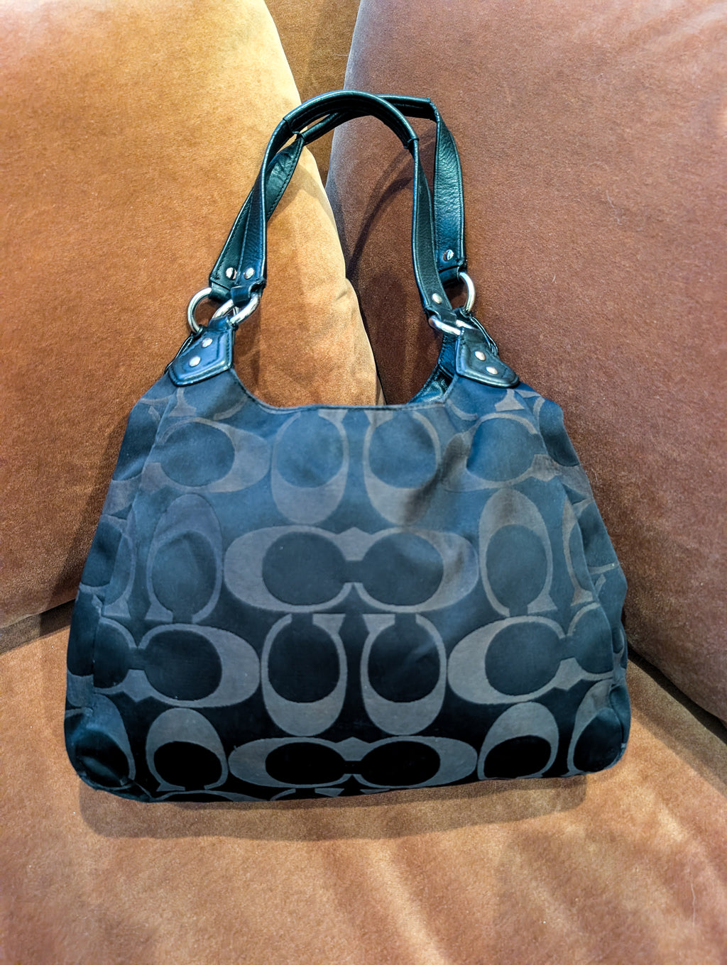 Vintage Coach Signature Sateen Campbell Hobo Bag in Black & Chocolate Brown