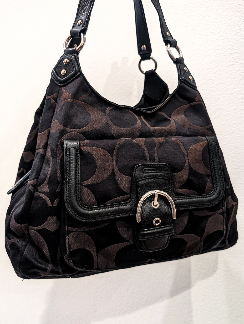 Vintage Coach Signature Sateen Campbell Hobo Bag in Black & Chocolate Brown