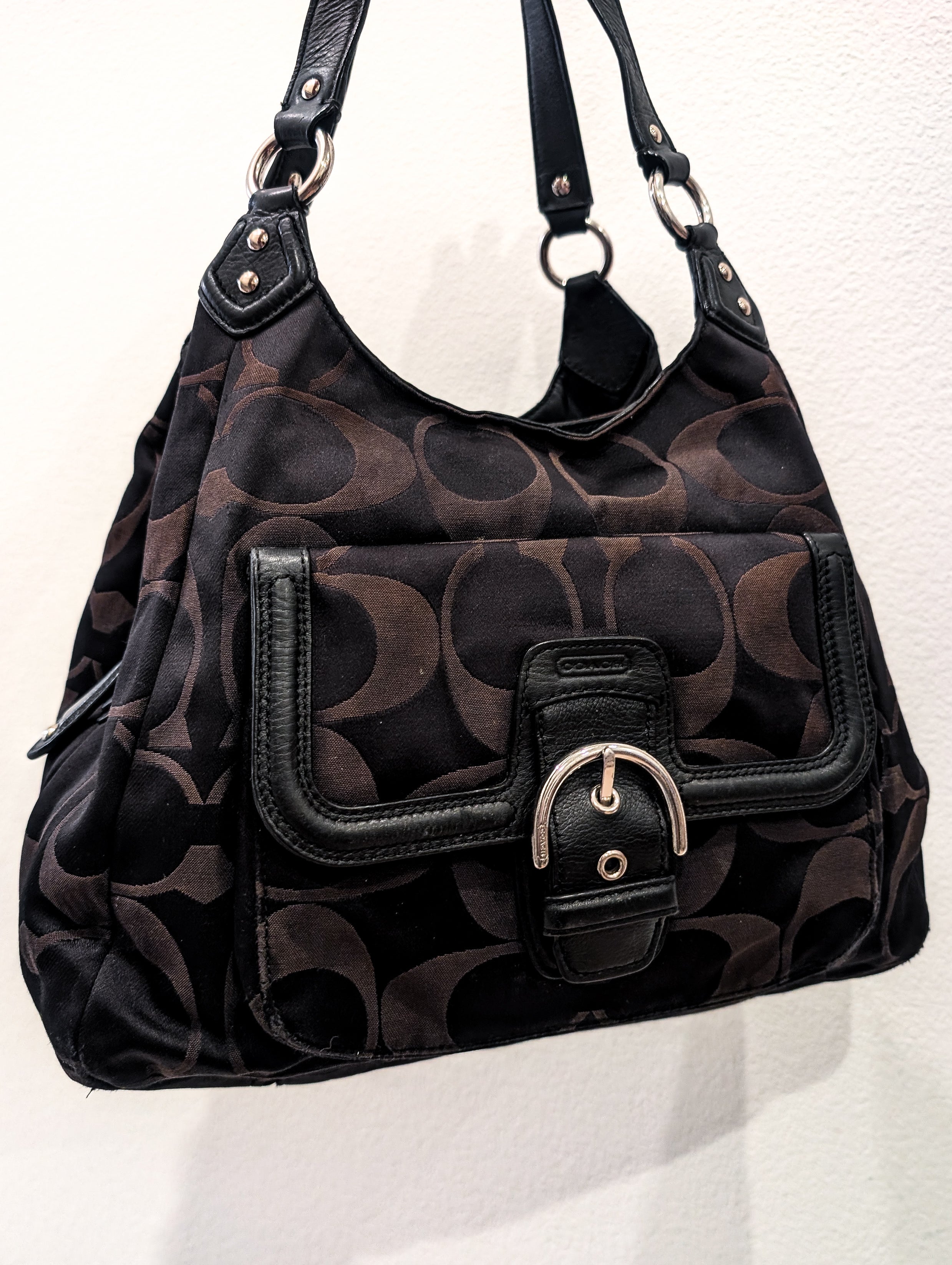 Vintage Coach Signature Sateen Campbell Hobo Bag in Black & Chocolate Brown