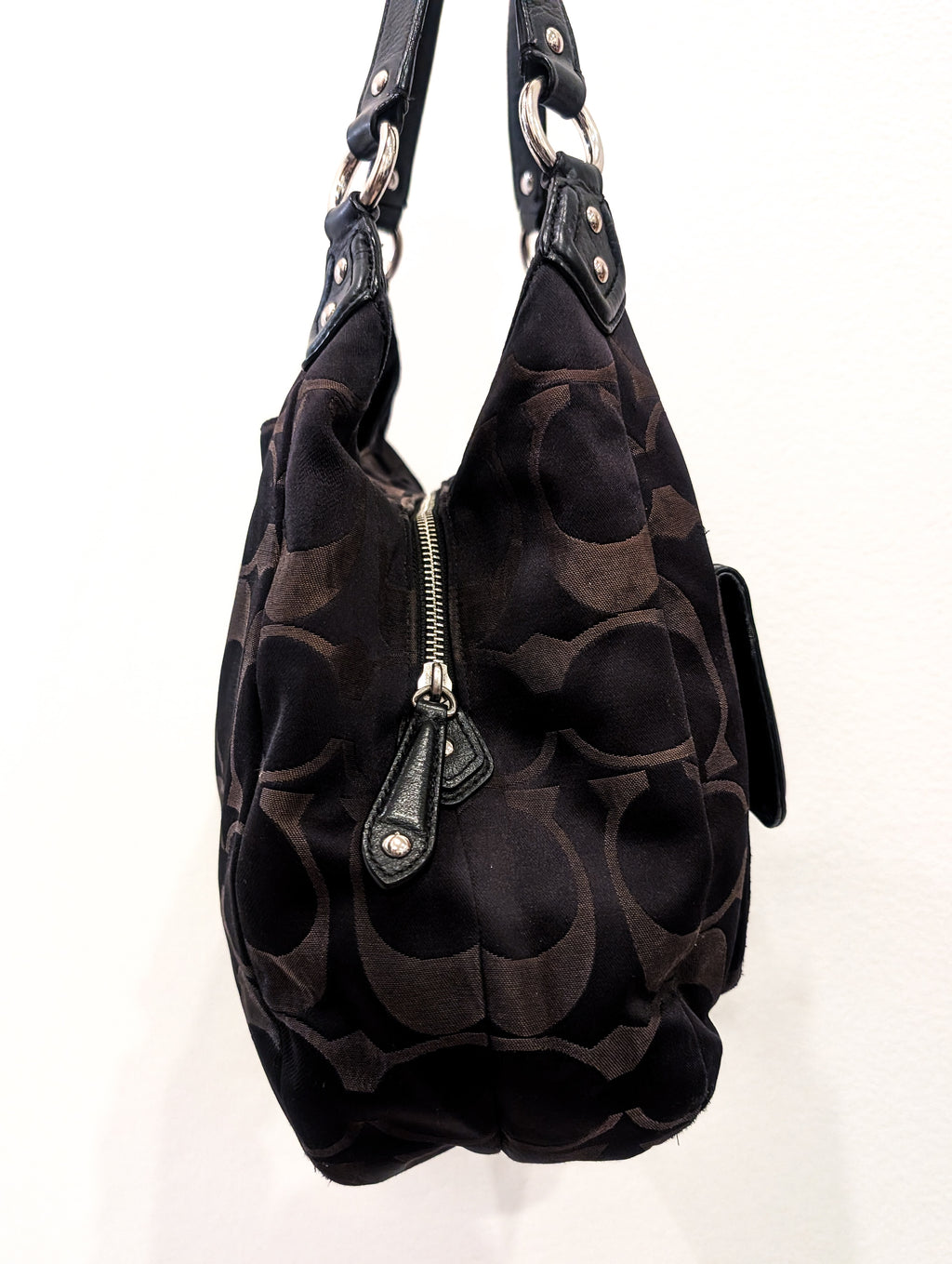 Vintage Coach Signature Sateen Campbell Hobo Bag in Black & Chocolate Brown