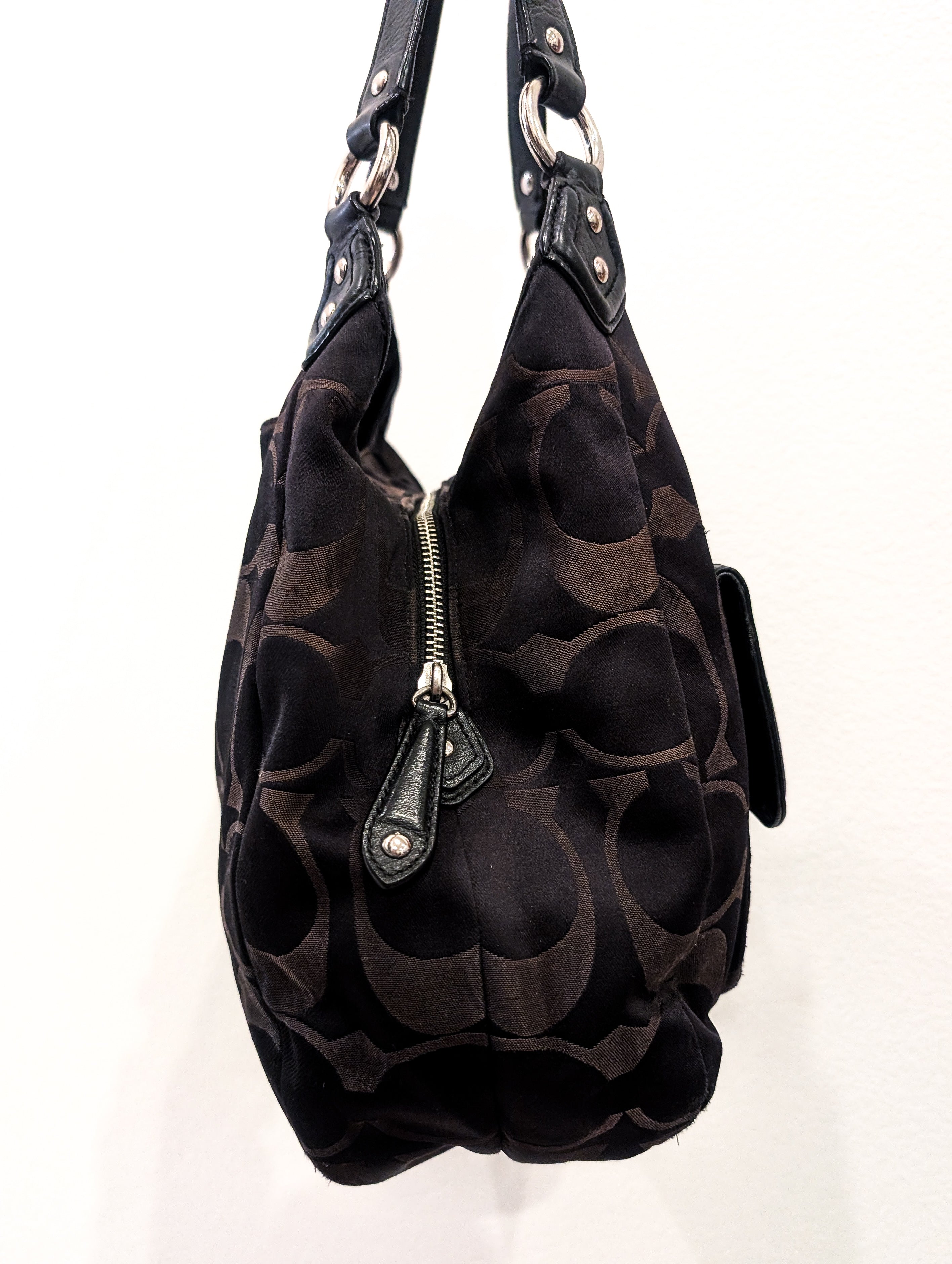 Vintage Coach Signature Sateen Campbell Hobo Bag in Black & Chocolate Brown