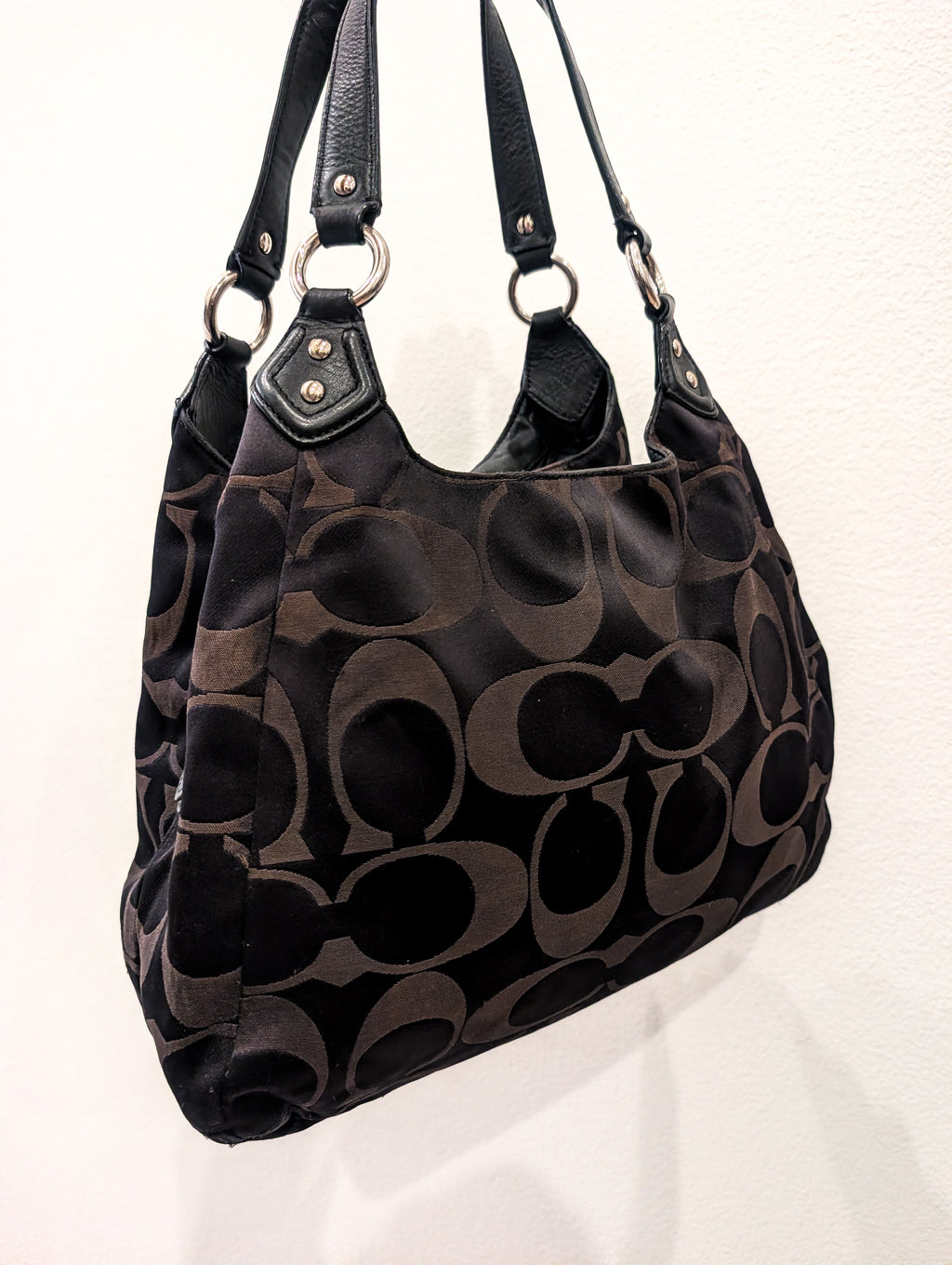 Vintage Coach Signature Sateen Campbell Hobo Bag in Black & Chocolate Brown