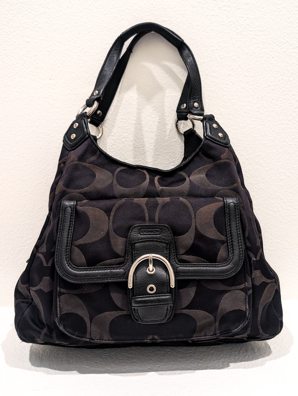 Vintage Coach Signature Sateen Campbell Hobo Bag in Black & Chocolate Brown
