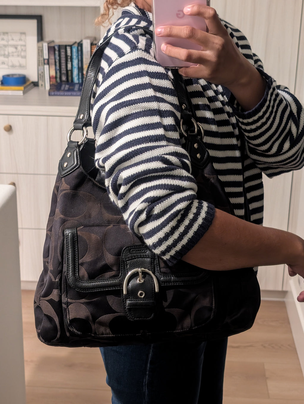 Vintage Coach Signature Sateen Campbell Hobo Bag in Black & Chocolate Brown