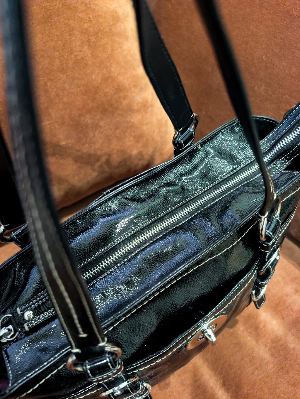 Coach Chelsea Black Patent Leather Large Shoulder Bag in Black & Silver