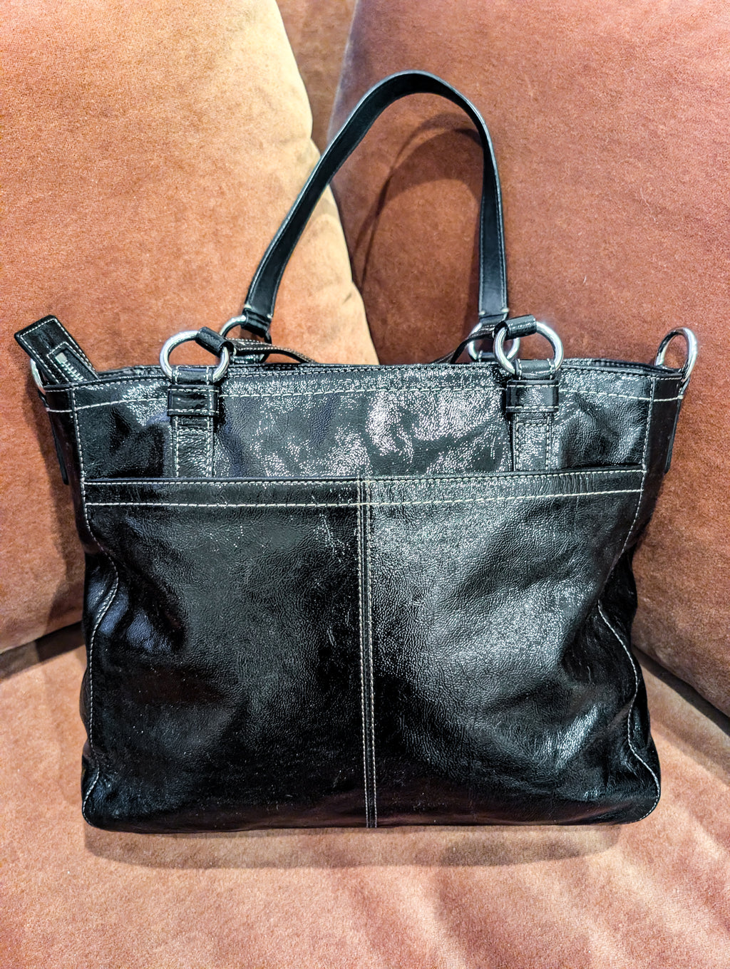 Coach Chelsea Black Patent Leather Large Shoulder Bag in Black & Silver