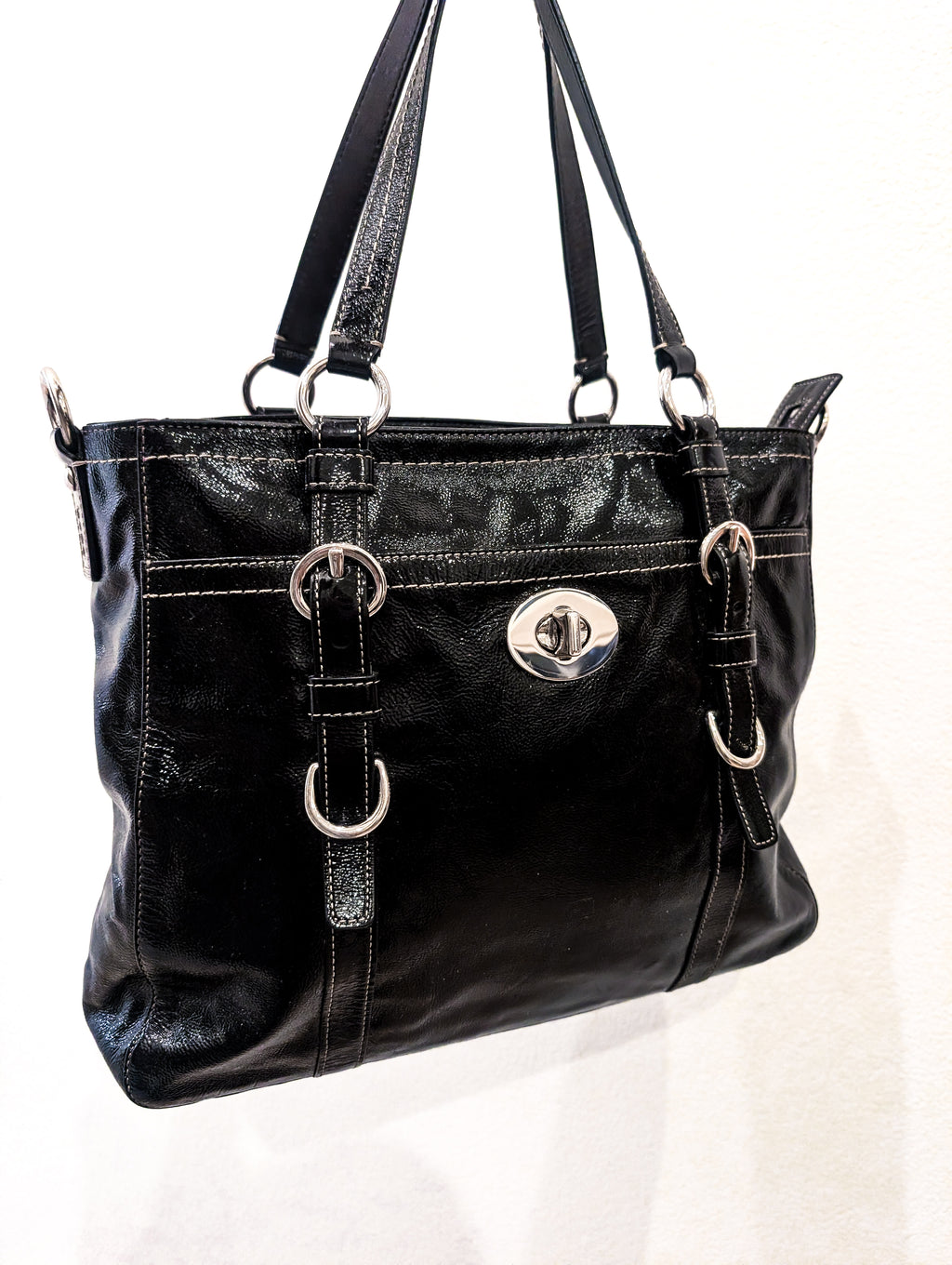 Coach Chelsea Black Patent Leather Large Shoulder Bag in Black & Silver