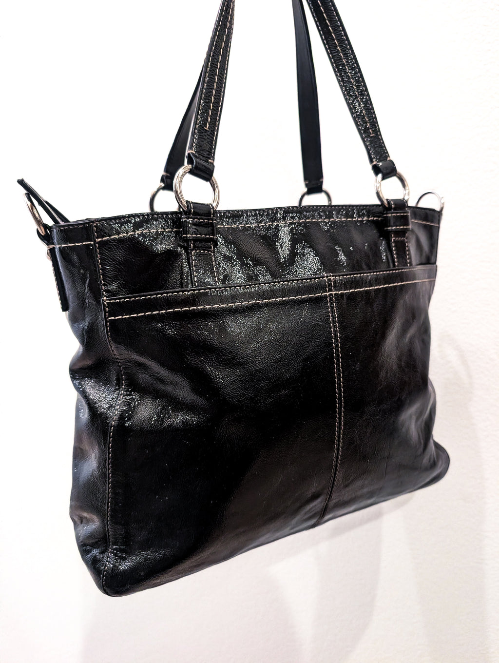 Coach Chelsea Black Patent Leather Large Shoulder Bag in Black & Silver