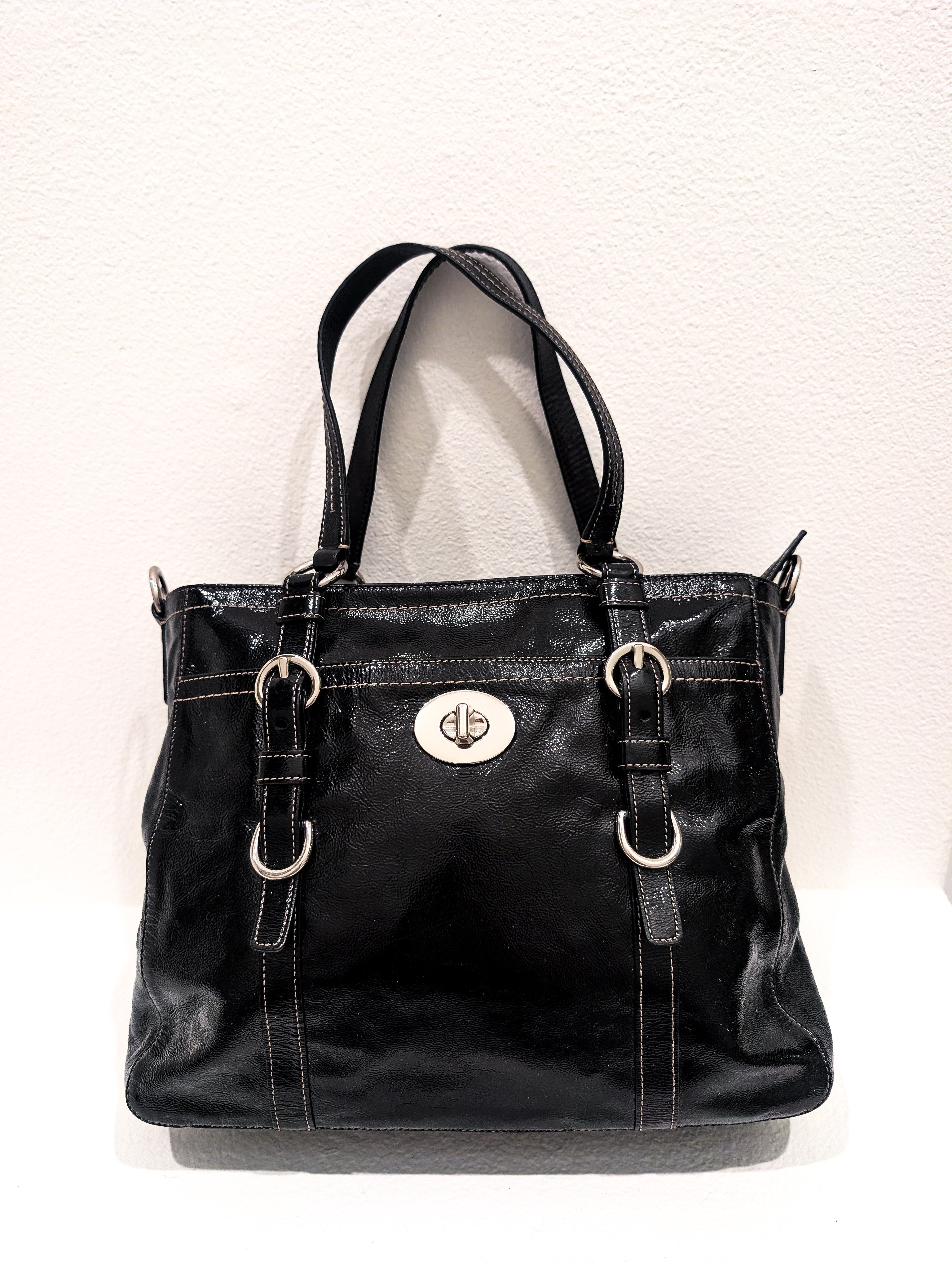 Coach Chelsea Black Patent Leather Large Shoulder Bag in Black & Silver