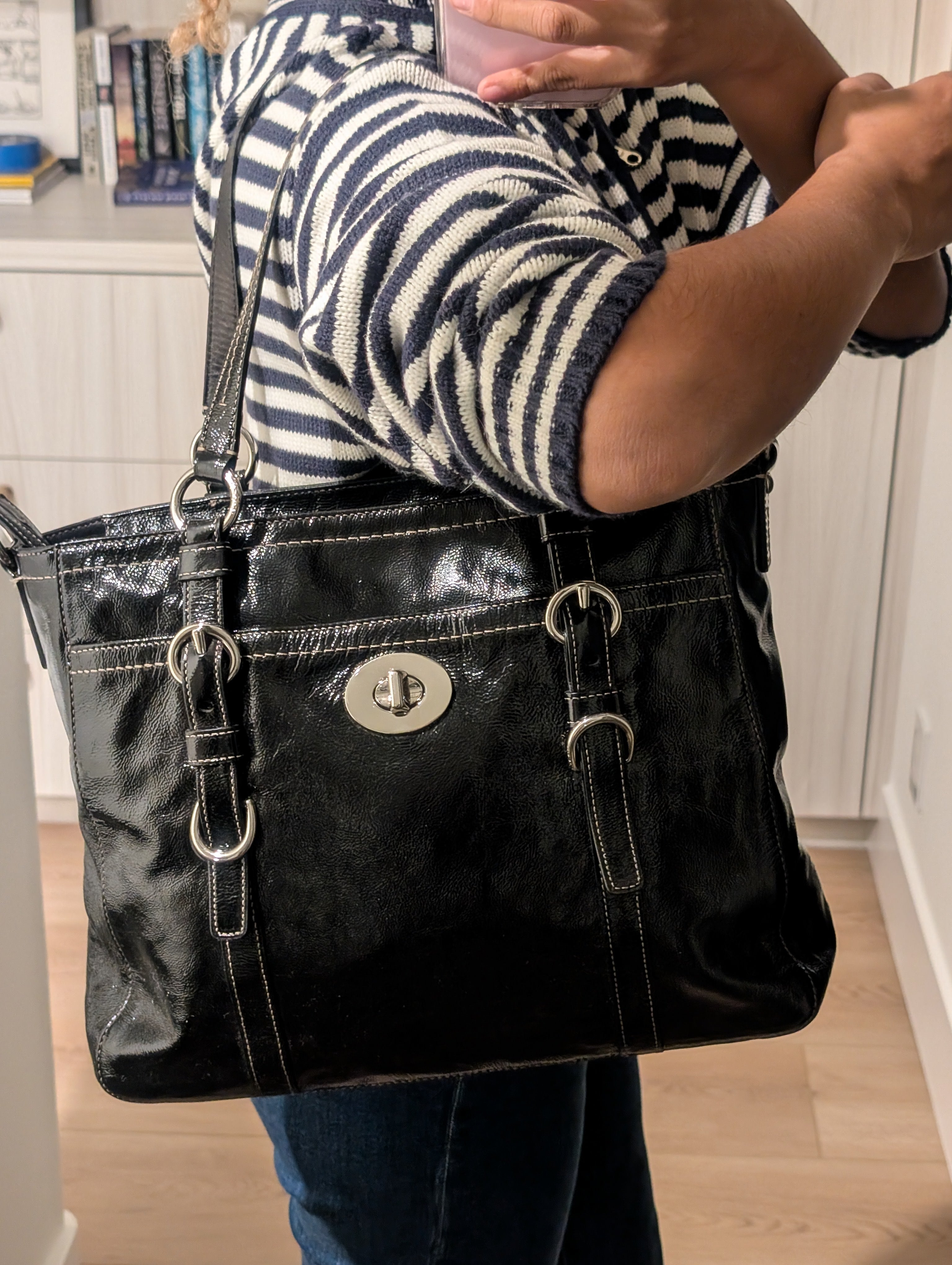 Coach Chelsea Black Patent Leather Large Shoulder Bag in Black & Silver