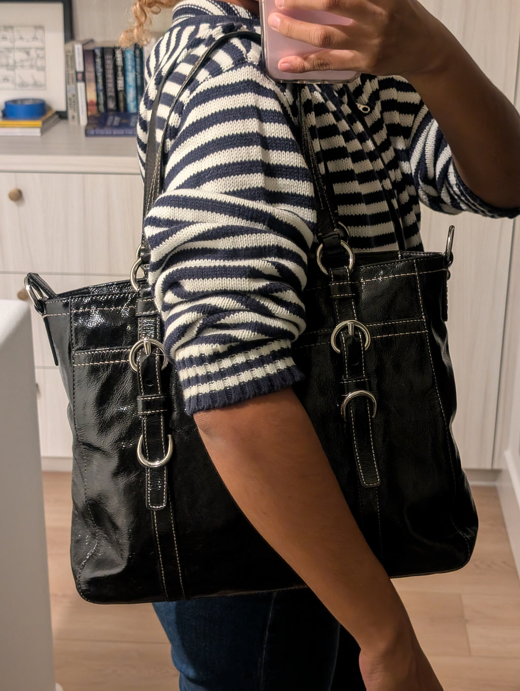 Coach Chelsea Black Patent Leather Large Shoulder Bag in Black & Silver